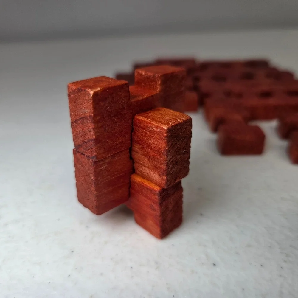 Vintage Red Stained Notched Wood Building Blocks Set Interlocking I-Shape